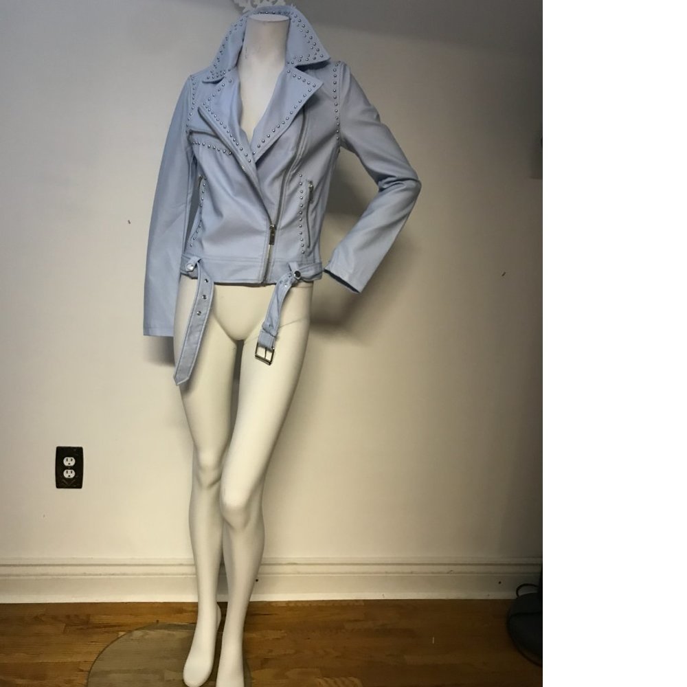 F21 SKY BABY BLUE vegan leather studded biker moto jacket coat blazer NWT